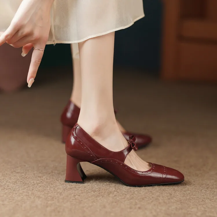 Vintage2023 Wine Red Women Mary Jeans Pumps Block Design Square High Heels Bowknot Strap Black Formal Dress Chaussure Femininos