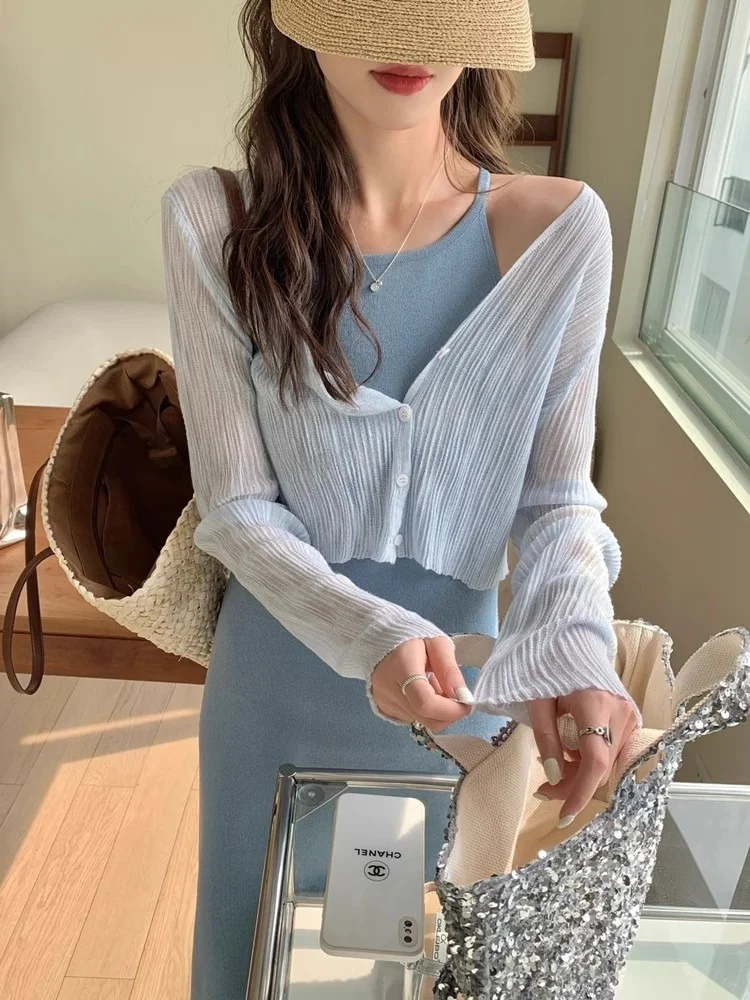 

Женский вязаный открытый кардиган Blue Ice Silk ort, летняя майка, верхняя крышка, кондиционер, тонкий топ с плечами