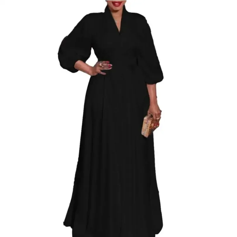 Dostosowana jesienna moda Maxi sukienka damska elegancka, solidna, dekolt w serek, z długim rękawem, wysoka talia, linia A, sukienka na imprezę dla kobiet