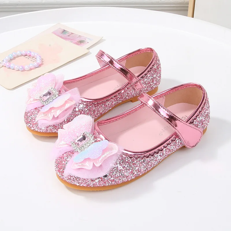 Little Girls Fashion Leather Shoes Chic Sequins Bowknot Children's Princess Catwalk Shoes Wedding Party Kids Ballet Flat Shoes