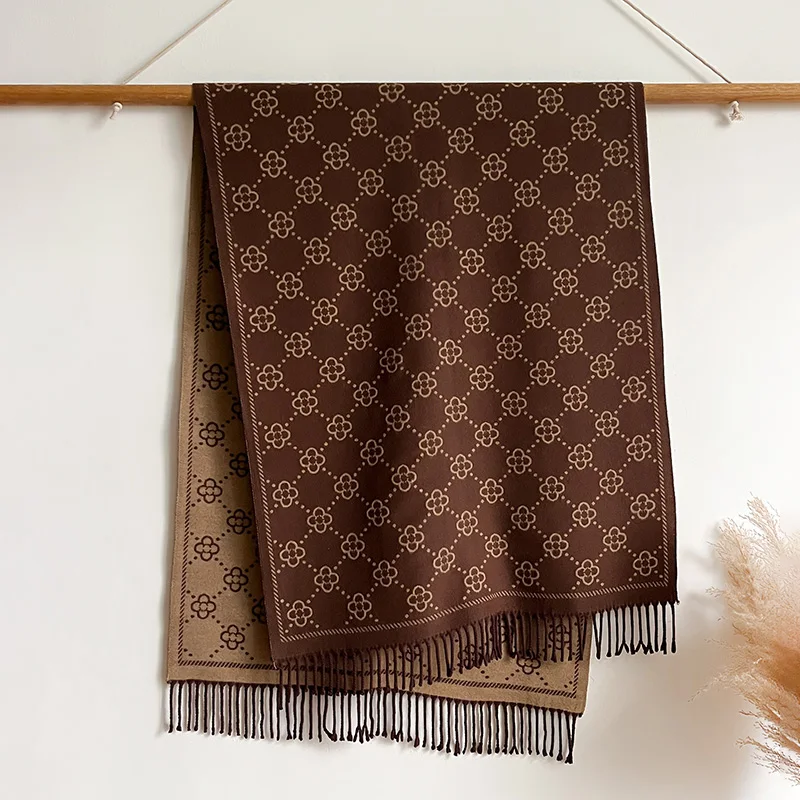 Marken-Jacquard-Design, zweiseitiger Winterschal, Kaschmir, weich, warm, lange Fransen, Pashmina-Schal, kältebeständig, winddicht, Deckenschal – Detail 15