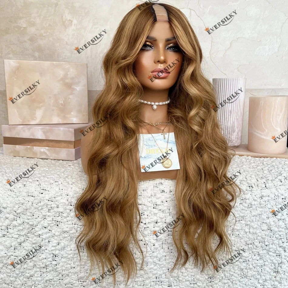 

Human Hair Highlight Honey Blonde 200% Density Machine Made U Part Wig for Black Women 1x4 V Part Wigs Brazilian Remy Hair Wig