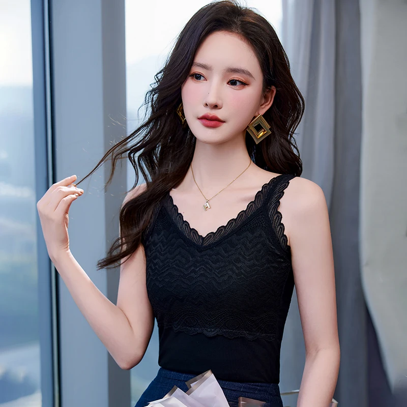 Sexy fil tricoté dentelle Camisole gilet col en v professionnel bas débardeurs été décontracté femmes Camis hauts