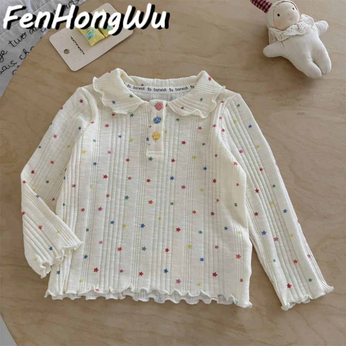 Girls' Spring, Autumn, Winter Colorful Star Printed Long Sleeve T-shirt, Stylish Doll Neck Versatile Top T-shirt
