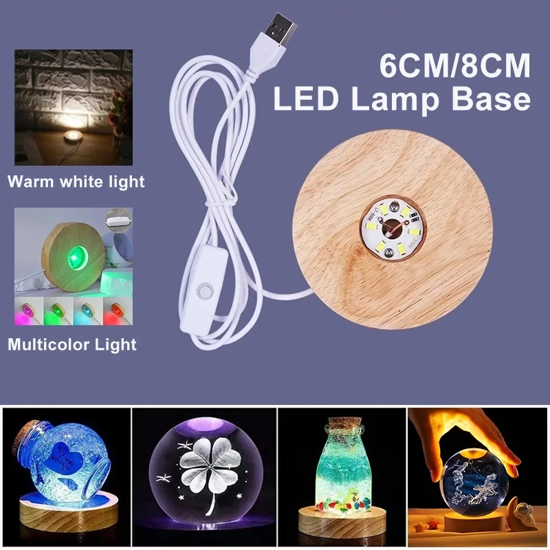 1/4PCS Wood Light Base USB Plug in 6/8Cm LED Night Lamp Colorful Art Ornament Crystal Glass LED Light for Epoxy Resin Base