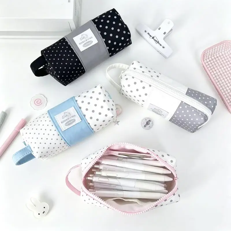 Niedliches Polka-Dot-Federmäppchen mit großem Fassungsvermögen und Griff, tragbare Aufbewahrungstasche, Kosmetiktasche, Schreibwaren-Organizer – Detail 3