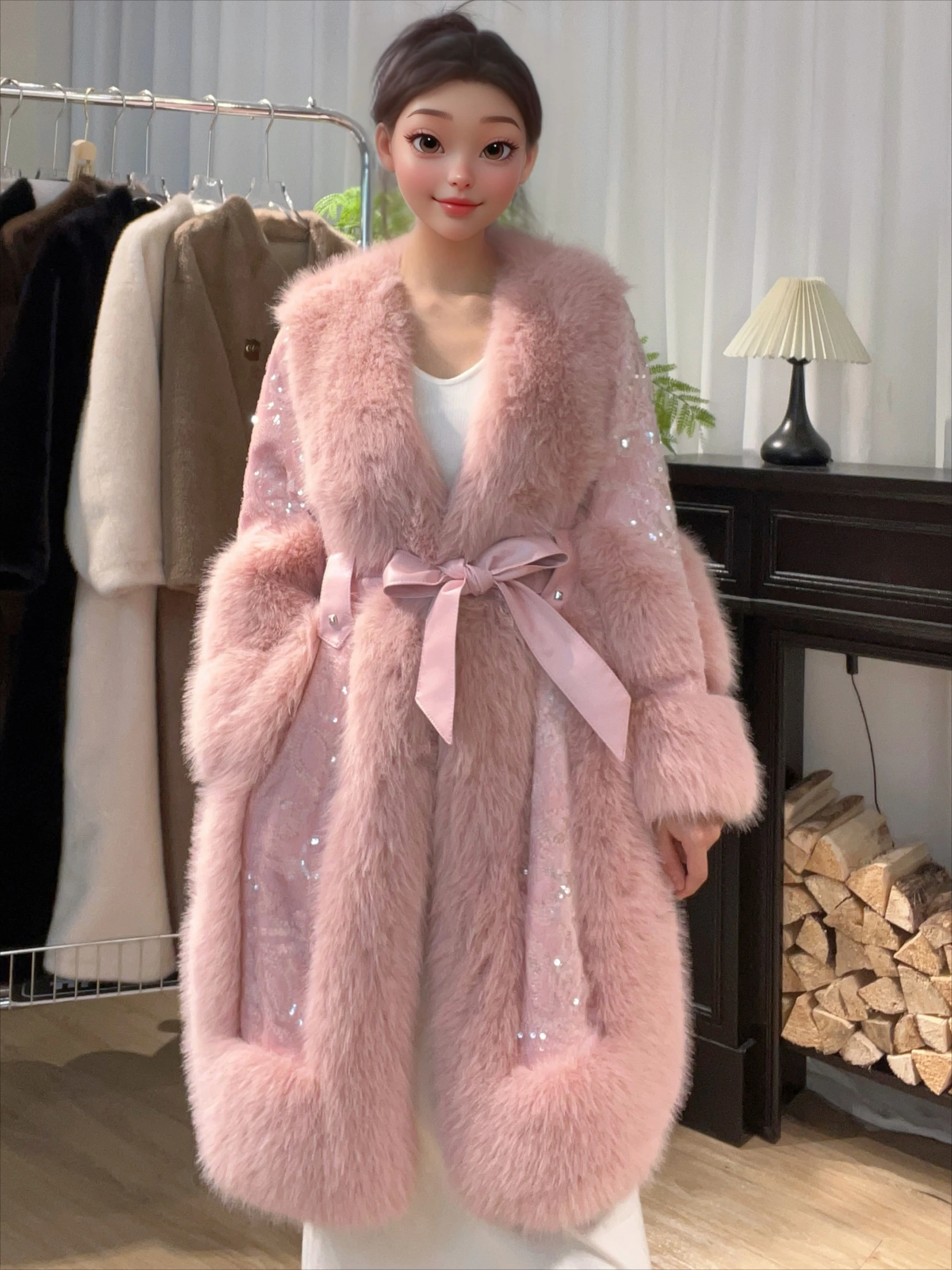 Winter Thickened Environmentally Friendly Fur Coating 2024 Heavy Industry Sequins Looks Young Luxury Faux Fur Coat Women