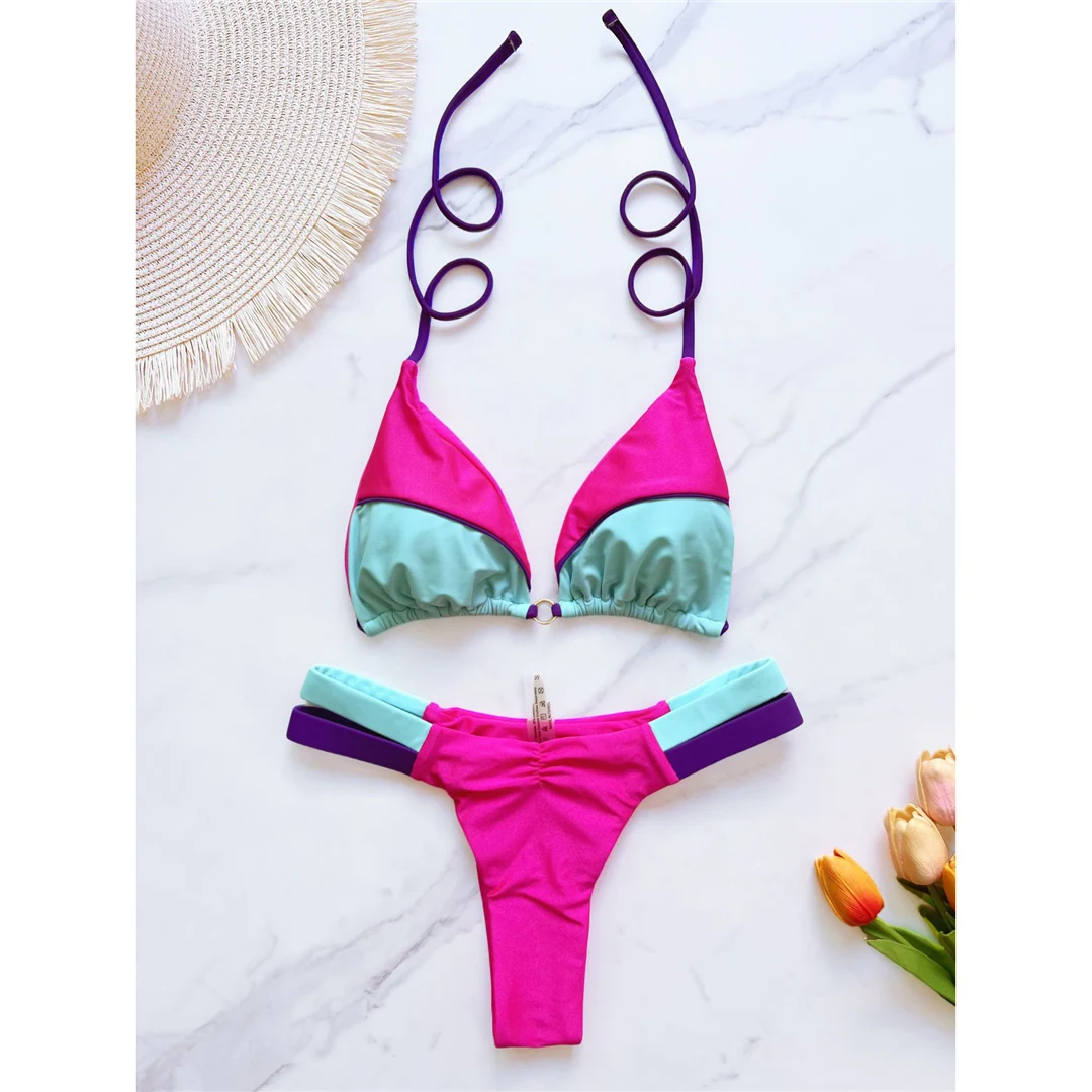 Splicing Neckholder High-Cut Brazilian Bikini Damen Bademode Zweiteiliger Bikini-Set Badeanzug Badebekleidung Schwimmanzug V6067 – Detail 29