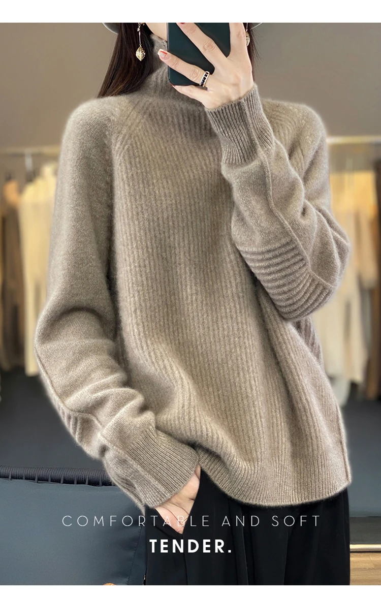 

Thick Cashmere Sweater for Female, High-Necked Pullover, Knitted Bottoming Shirt, Long Sleeve Loose Sweater