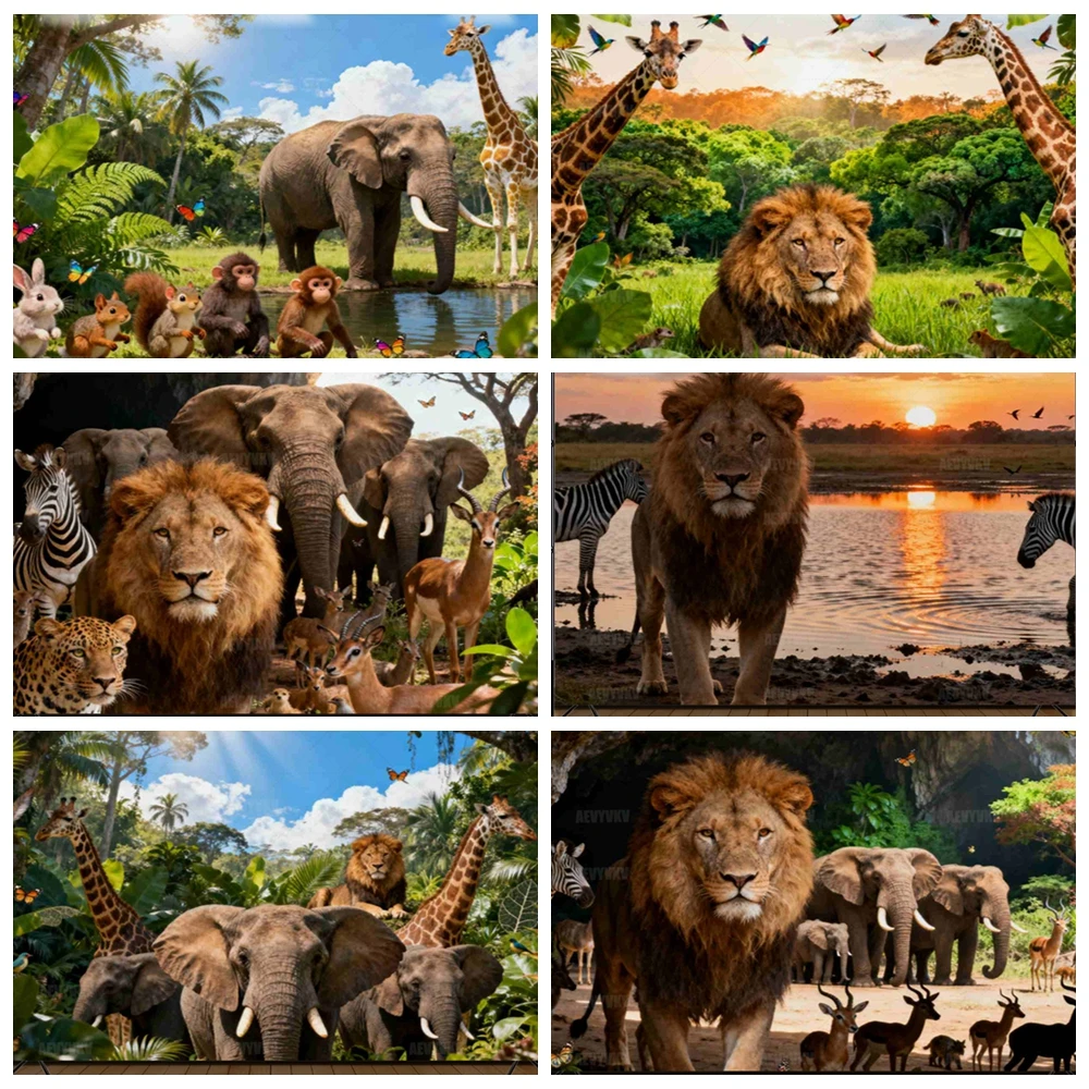 Safari Jungle Animals Birthday Party Backdrop Background Lion Giraffe Parrot Tropical Forest Sunset Kids Boys Photo Booth Banner