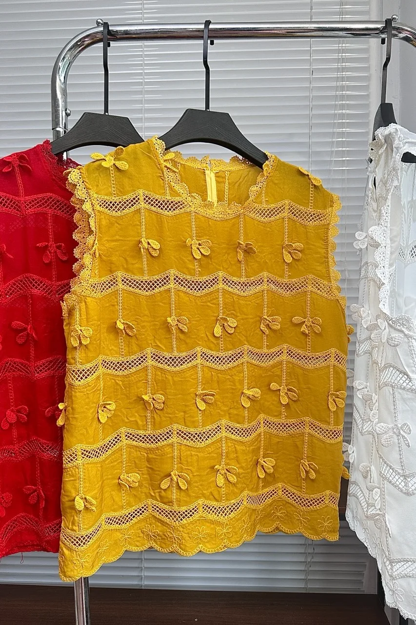 Women's Summer Elegant O Neck 3d Flowers Sleeveless Blouse Lady Solid Color Pullover Hollow Out Floral Tank Top