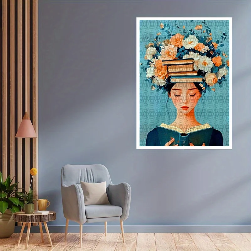 1000 Uds rompecabezas de papel DIY, chica de lectura, rompecabezas de flores y libros, rompecabezas para niñas, rompecabezas ilustrado, blanco de alta calidad