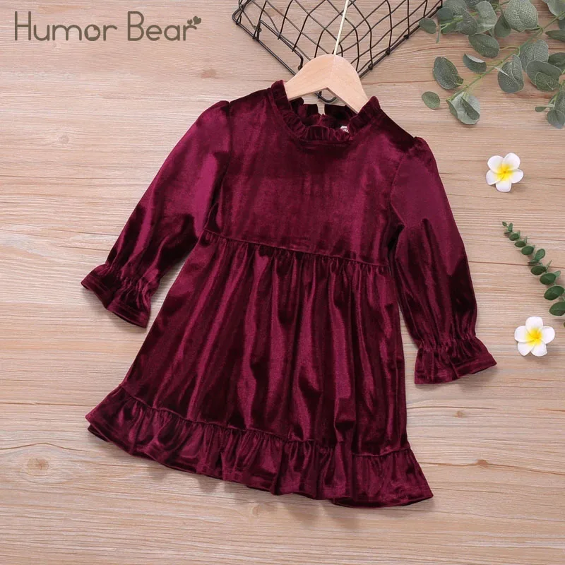 

Humor Bear Spring and Autumn Girl's Long-Sleeve Dress Velvet Christmas Solid Color Toddler Princess Party Dresses For 2-6Y