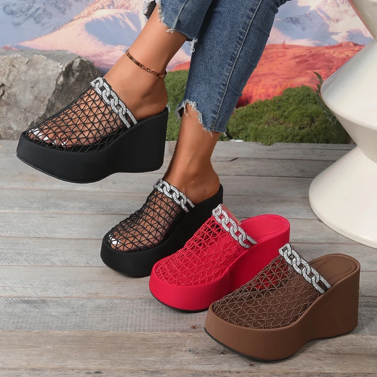 

Женские сандалии, модные сандалии на платформе, женские тапочки на танкетке, уличная роскошная однотонная обувь на толстой подошве и сетке, женская обувь Zapatos De Mujer