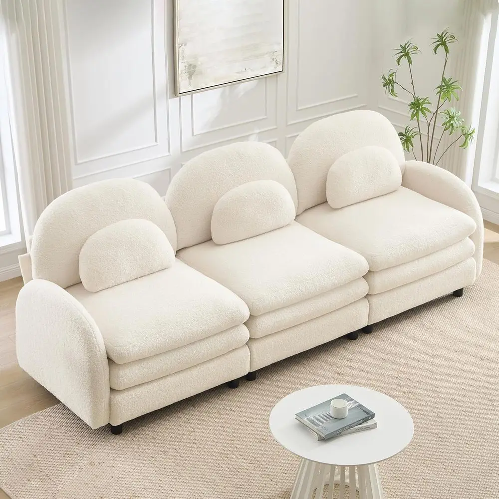 

Contemporary 3-Seater Curved Sofa Set with Sherpa Fleece, 3 Pillows, for Living Room, Bedroom, Hotel | Beige Upholstery