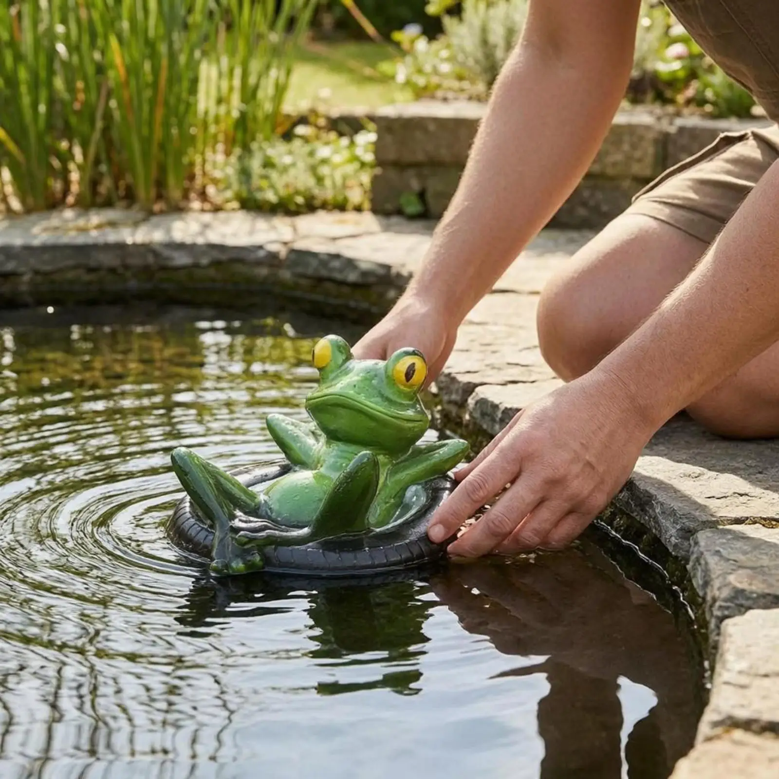 Resin Frog Ornament Whimsical Frog on Tire Base Unique Design for Aquarium