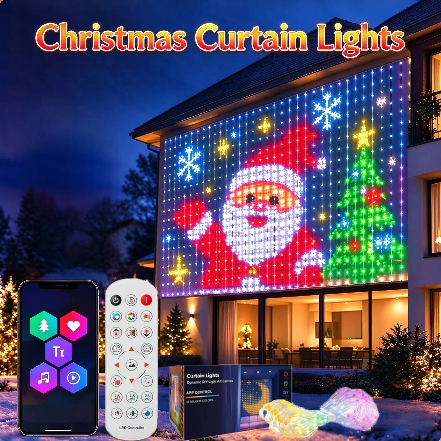 Color Changing Christmas Curtain Lights LED Remote DIY Music Sync Indoor Decorative Lighting Lamp for Home Holiday Party Decor