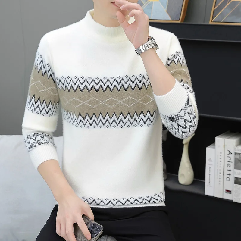 

Autumn Winter Men Sweaters Stripe Print Knitting Pullover Korean Fashion Streetwear Jumper Fashion Warm Knit Sweater