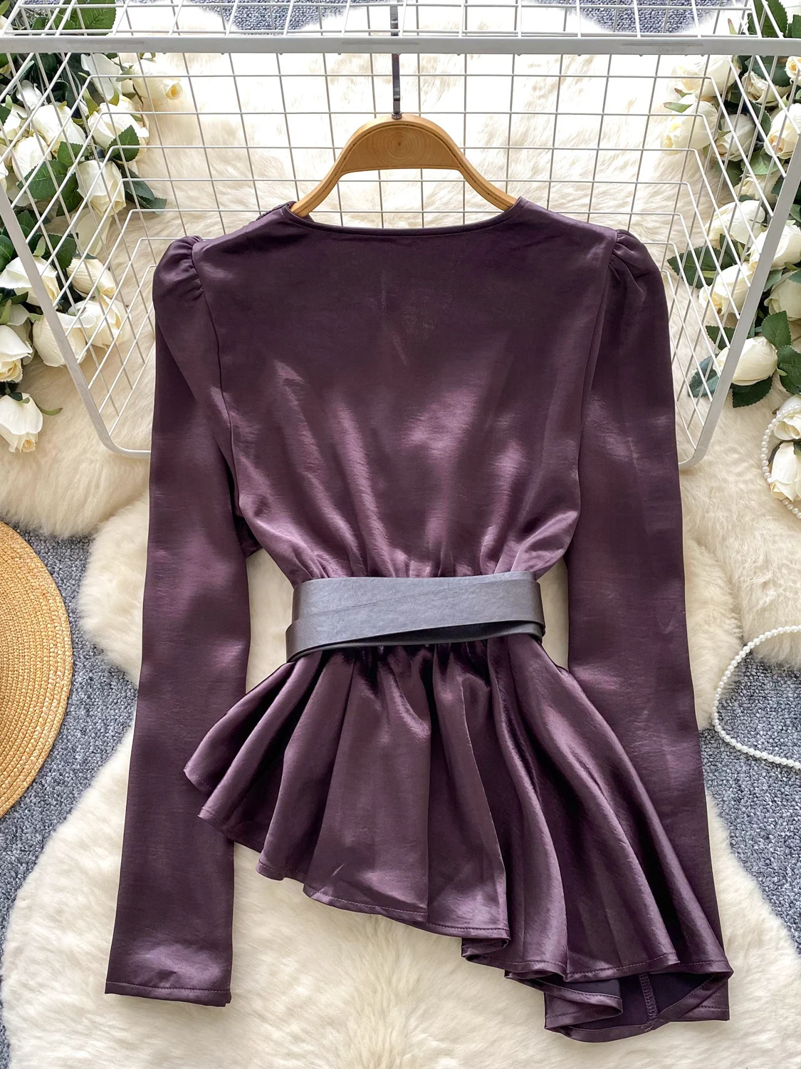 Ele Long Sve Silk Feel irt المرأة Faion الخريف غير النظامية حزام تصميم الراقية Sle النسخة الكورية العصرية