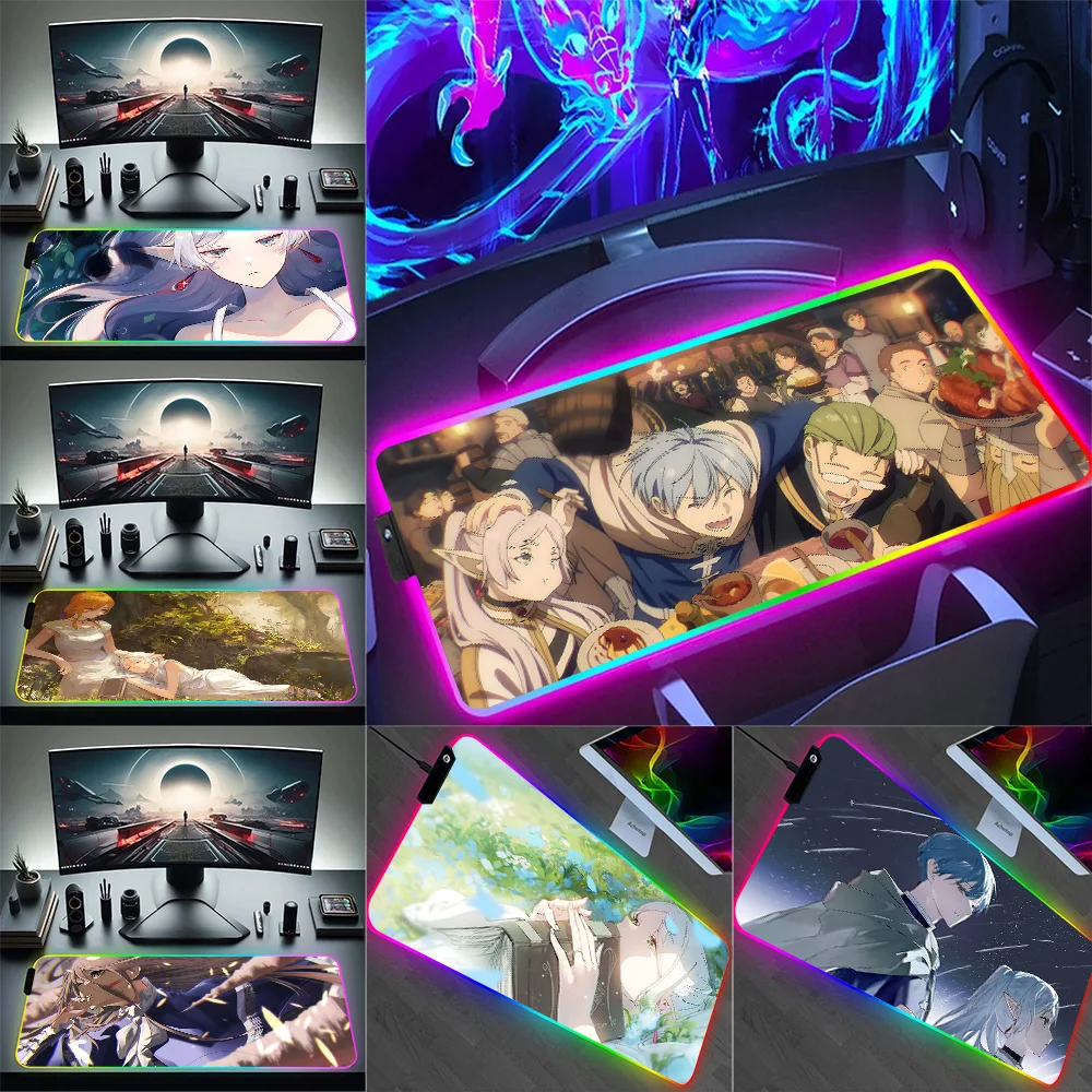 Bilibili Anime F-Frieren RGB Pc Gamer Keyboard Mouse Pad Mousepad LED Glowing Mouse Mats Rubber Gaming Computer Mausepad