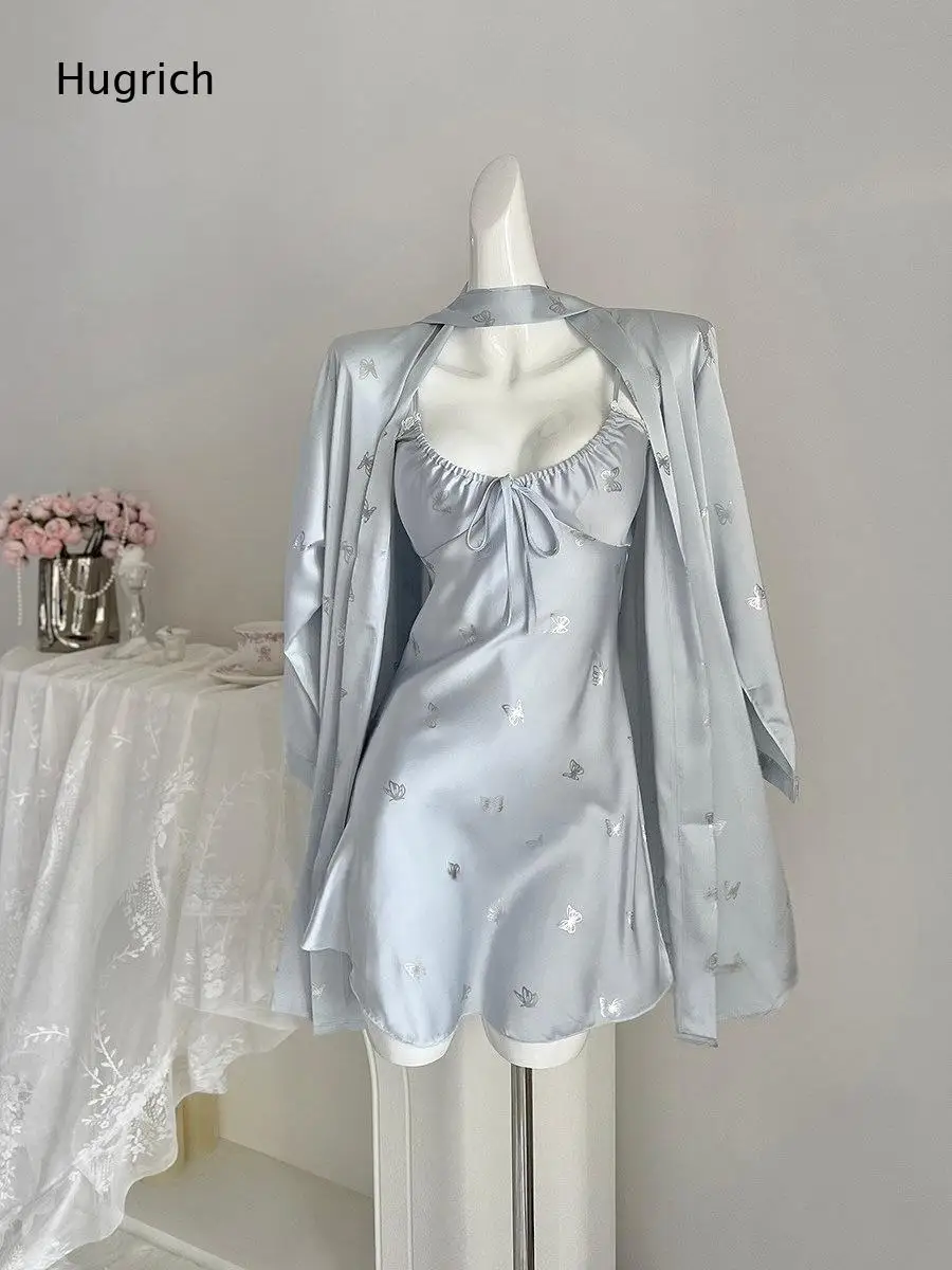 Butterfly Print Satin Nightwear Two Piece Outfit Ruched V Neck Cami Dress Open Front Long Sleeve Sleep Robe Set