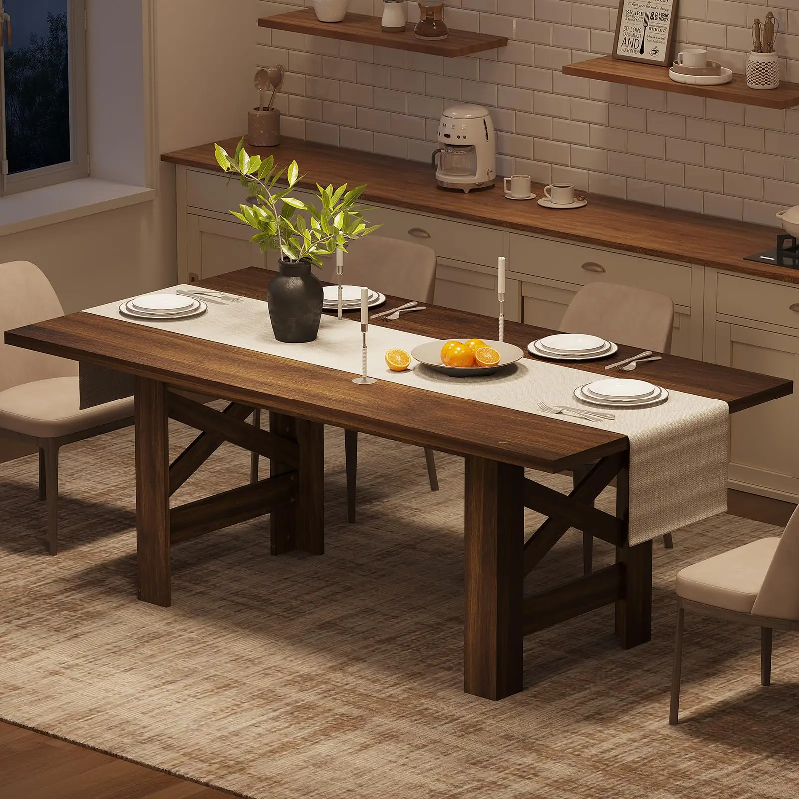 Dining Table for 6-8, Long Wooden Kitchen Table with Sturdy Triangular Legs, Thick Frame, Extra-Thick Base, for Apartment, Party