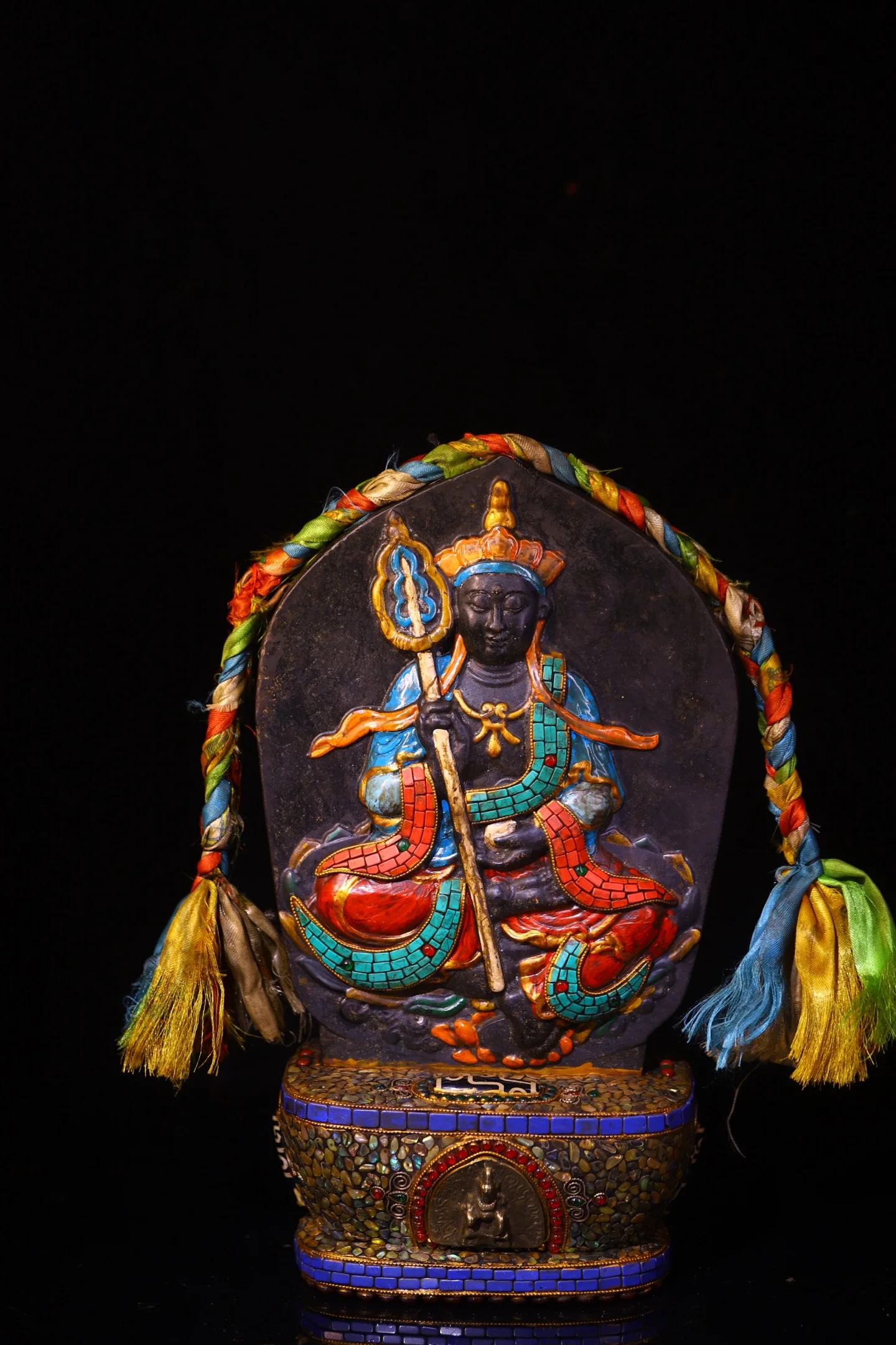 Old Folk Meteorite Painted Mosaic Gem gZi Beads Shell Turquoise Ksitigarbha Bodhisattva Buddha Plaque Buddhist Niche Base