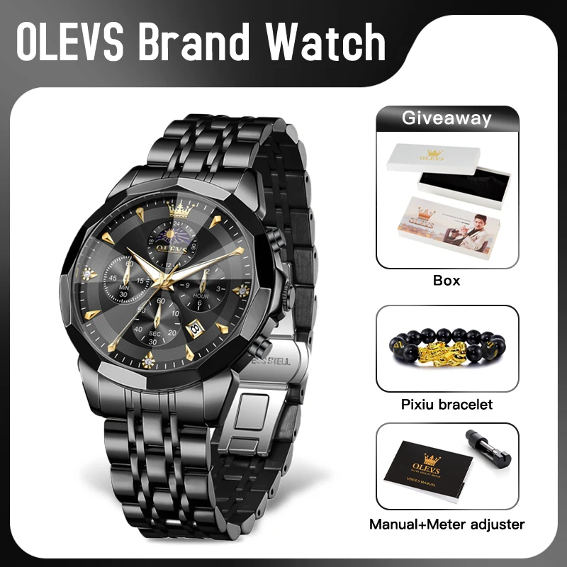 OLEVS 3673 Mens Watch Business Brand Quartz Watches Multifunctional Chronograph Waterproof Moon Phase Watch Mens Gifts Original