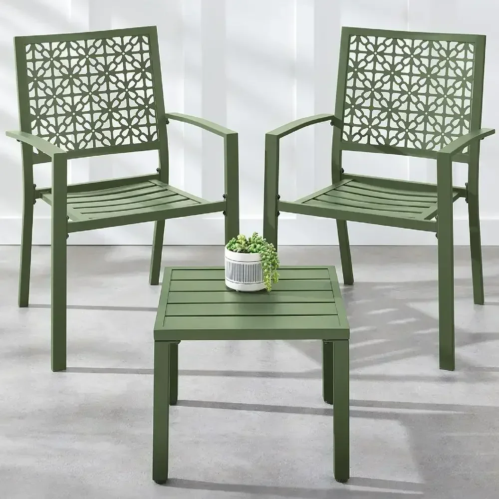 Sage Green Stackable Outdoor Bistro Set with 2 Chairs and Table for Garden or Porch