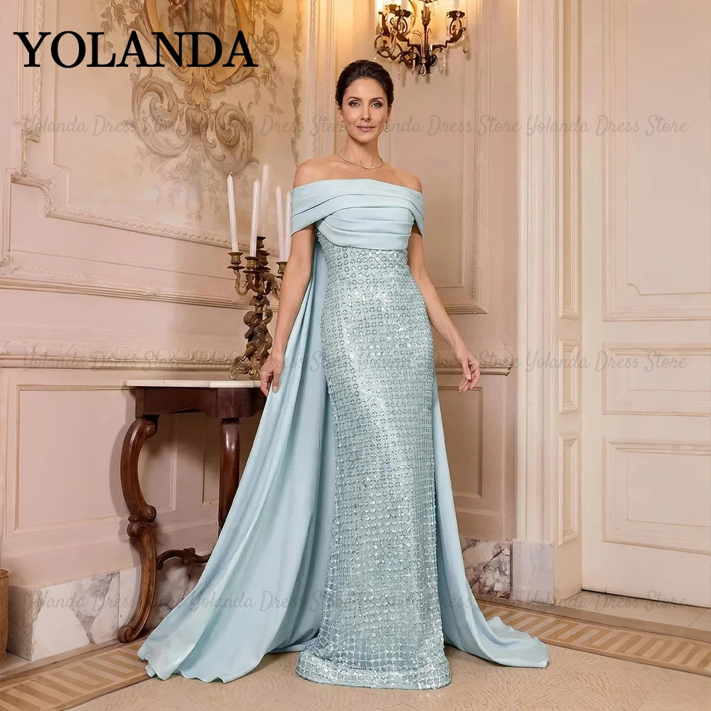 Yolanda Women's Wedding Party Attire Off‑the‑Shoulder vestidos de festa Sheath Detachable Cape Train Evening Gowns Customized