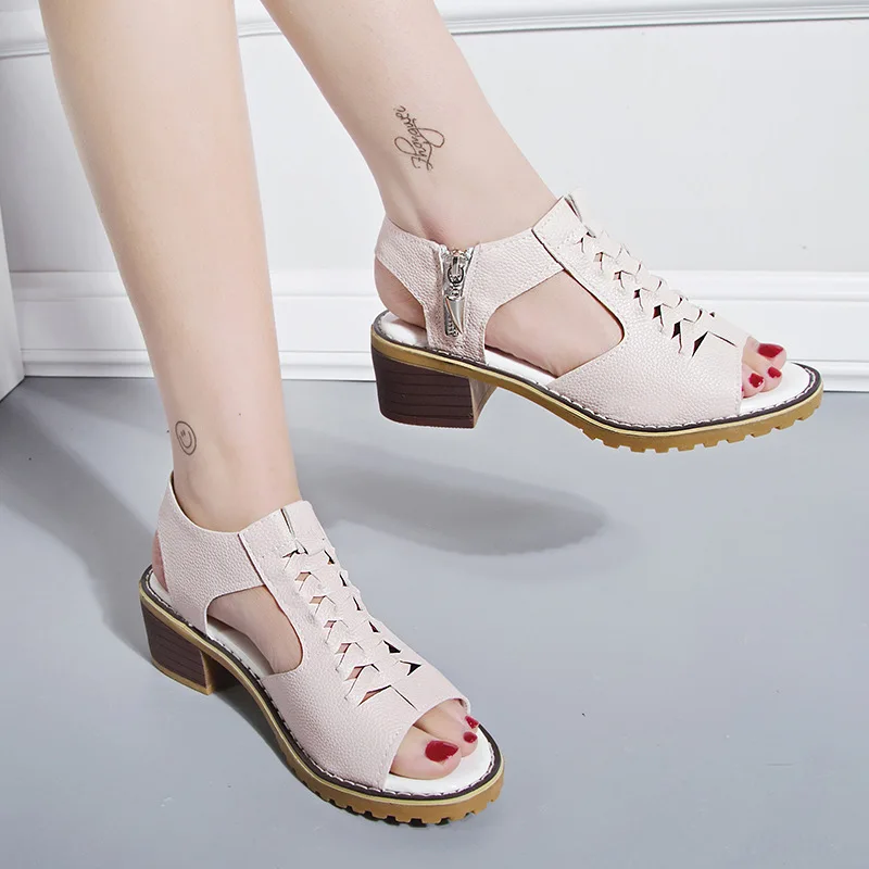 Roman Sandals Women Summer New Fish Mouth Leather Hollow-out Woven Square Heel Medium Heels Side Zipper Large Size Women's Shoes