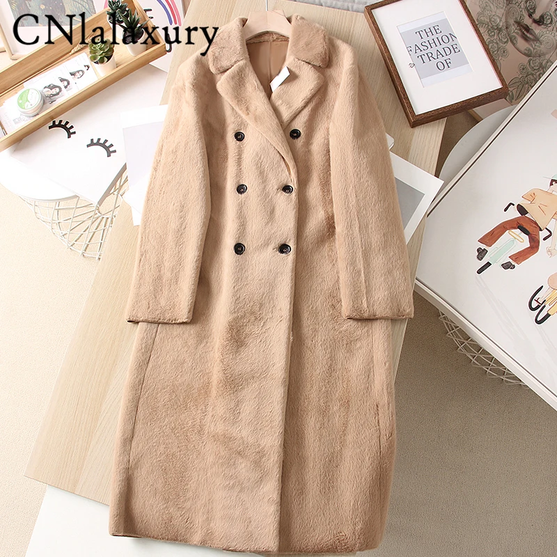 CNlalaxury Women Winter Fashion Camel Faux Fur Coat Elegant Thick Warm Double Breasted Outerwear Fake Fur Jacket Chaquetas Mujer