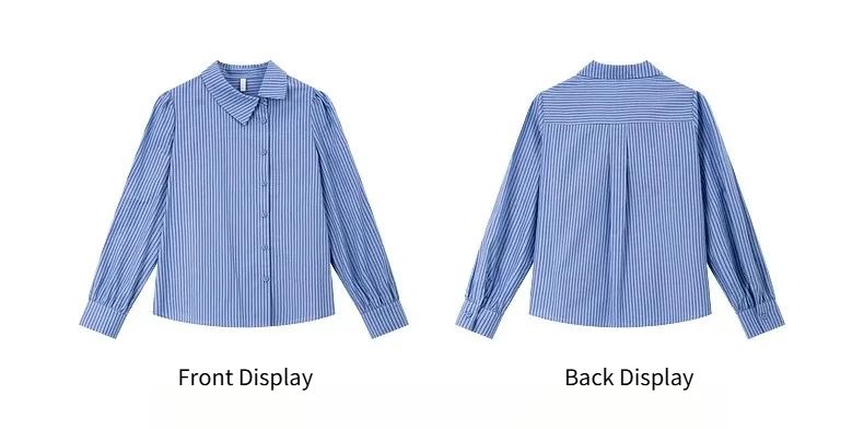 VIMLY Women's Blue Striped Shirt 2026 Spring New Irregular Placket Turn-Down Collar Long Sleeve Top Casual Commute Shirt A3711