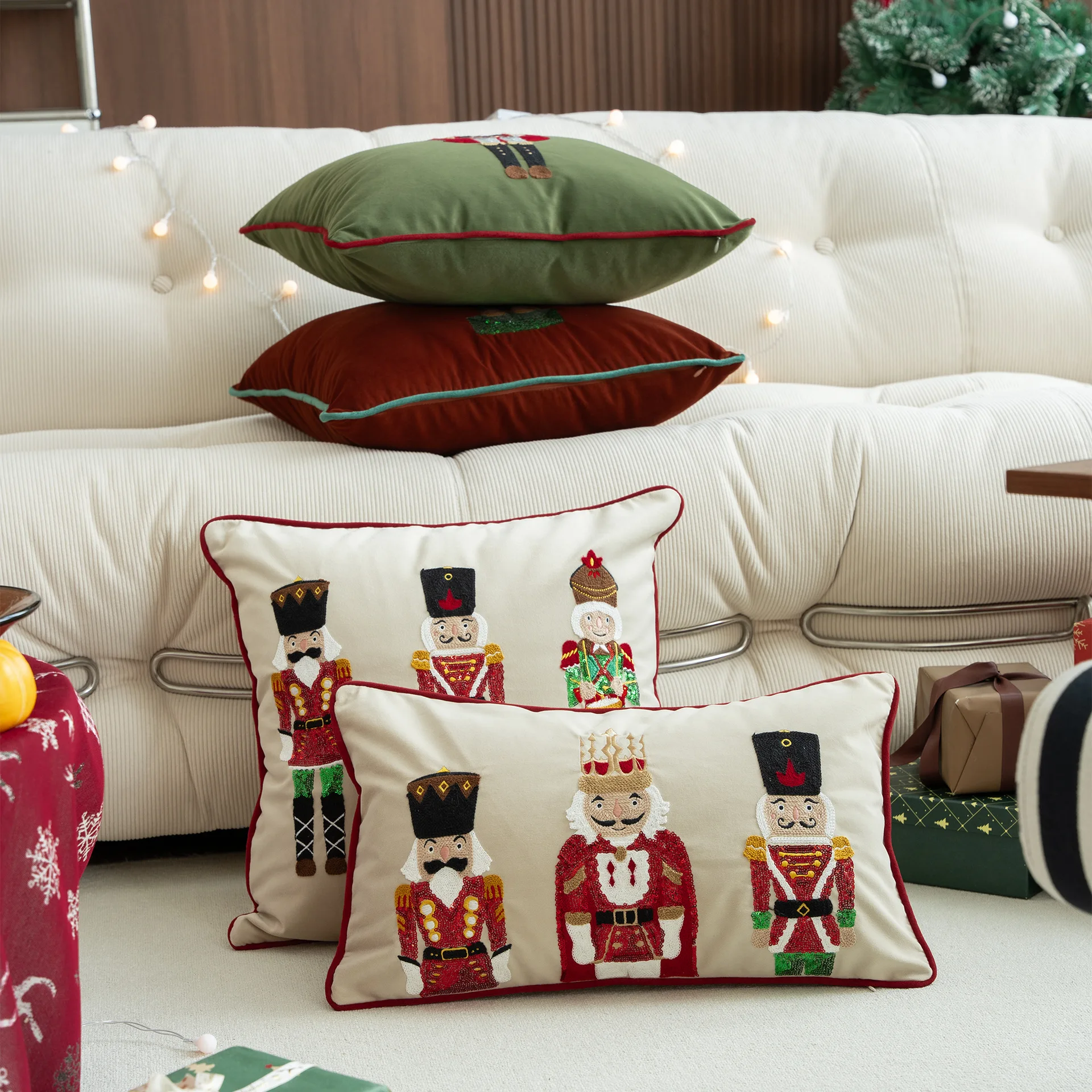 Christmas Decoration Pillow Cover Green Embroidered Santa Tree Snowflakes Nutcracker Cushion Cover for Sofa Bed Chair Soft Cozy