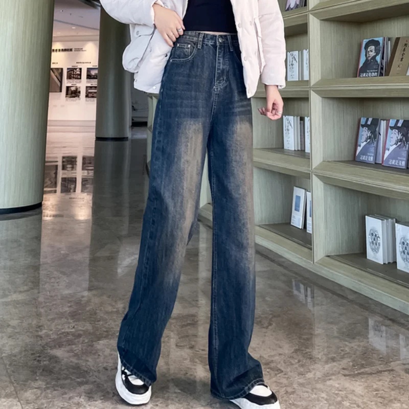 

Blue High Waist Women Jeans Flare Pants Vintage American Fashion Street Wide Leg Jean Female Denim Trouser Baggy Denim Pants