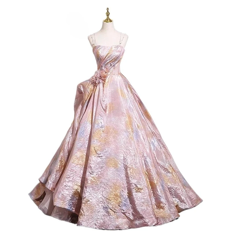 Vestido de noite sem alças sexy rosa feminino personalizado, emagrecimento de banquete elegante, exame de arte, vestido de performance solo