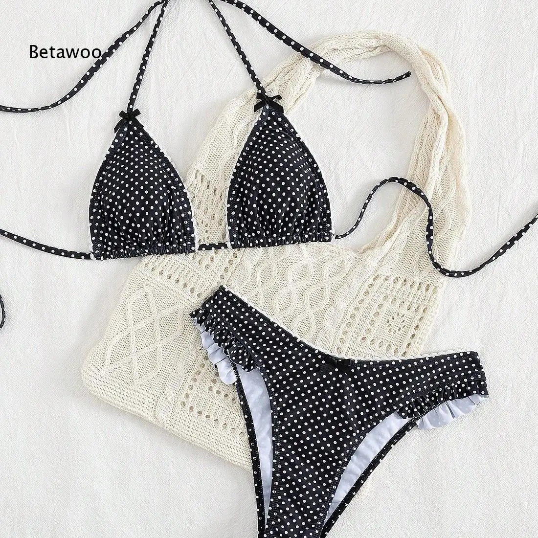 

Women's Polka Dot Print Triangle Bikini Set with Adjustable Halter Straps and Tie Side Bottoms Two Piece Swimsuit Beachwear