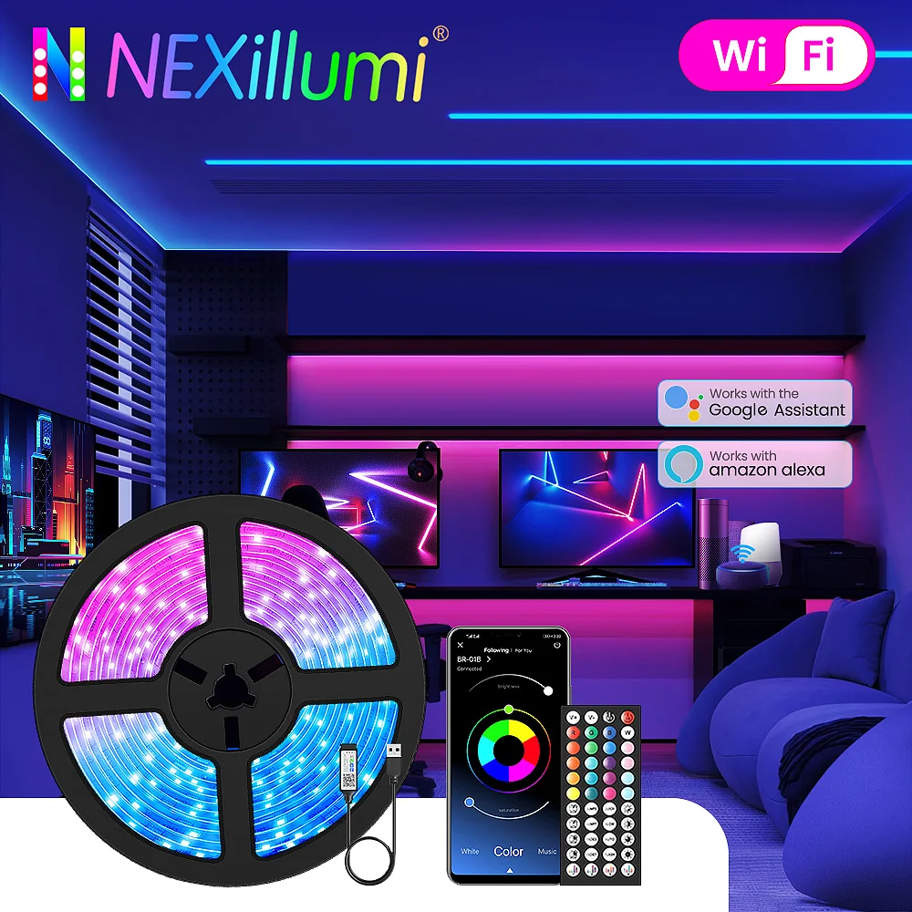 Nexillumi 5M RGB WIFI LED Strip with 44-Key Remote control, Voice Control with Alexa, USB Powered TV Music Backlight for Room