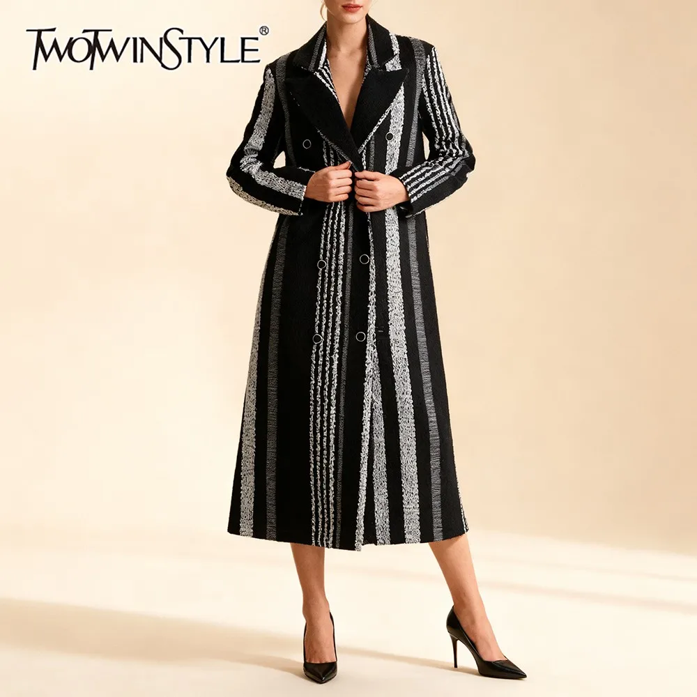 TWOTWINSTYLE Colorblock Straight Long Trench for Women Notched Collar Long Sleeve Patchworl Double Breasted Casual Jacket Female