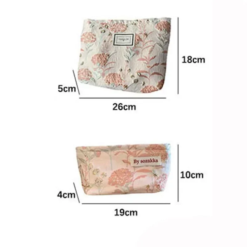 Retro Fresh Women\'s Cosmetic Bags Cream Color Blue Flower Makeup Case Pouch Canvas Large Capacity Beauty Storage Bag Pouch