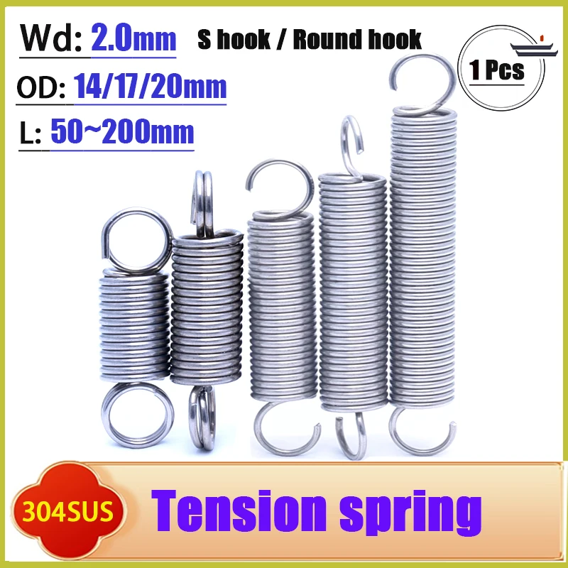 304 Stainless Steel Tension Spring S Hook Round Hook Coil Pullback Extension Tension Metal Spring Wire Diameter 2.0mm
