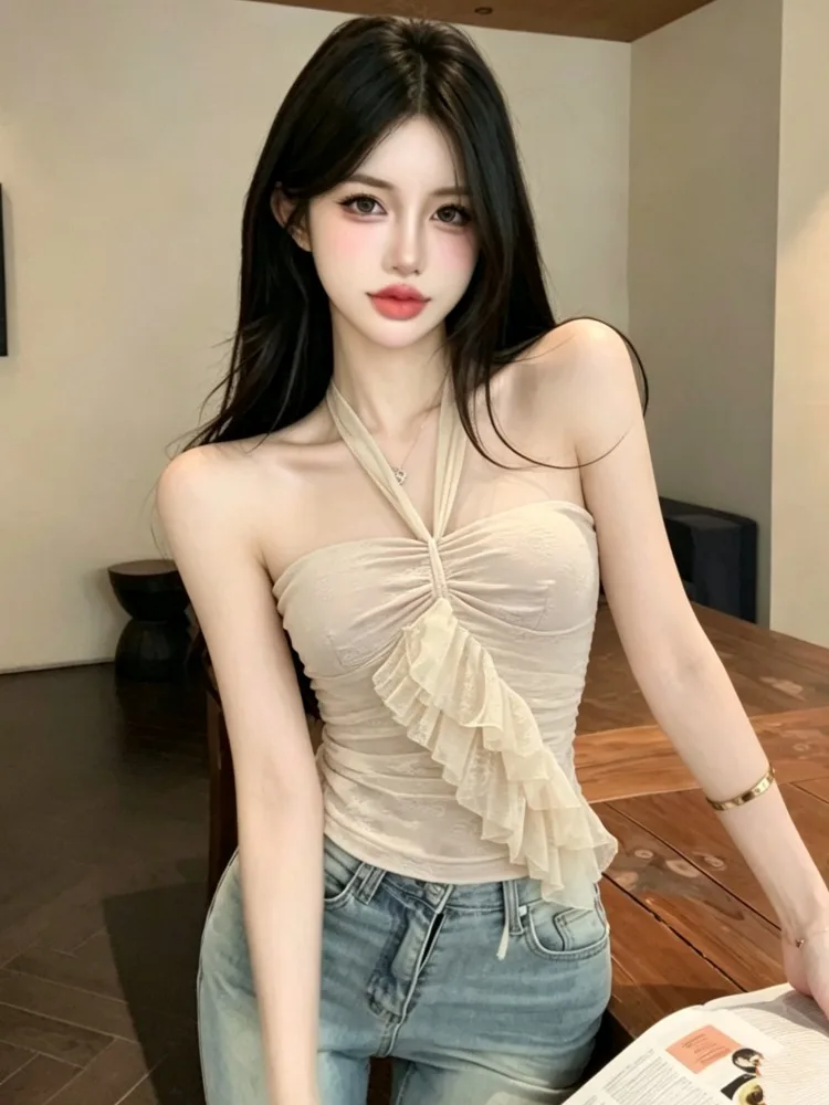 

Summer New Style Sexy Girl Style Leaf Hanging Neck Sleeveless Tube Top Women's Inner Wear Vest Luxury Feeling City Walk