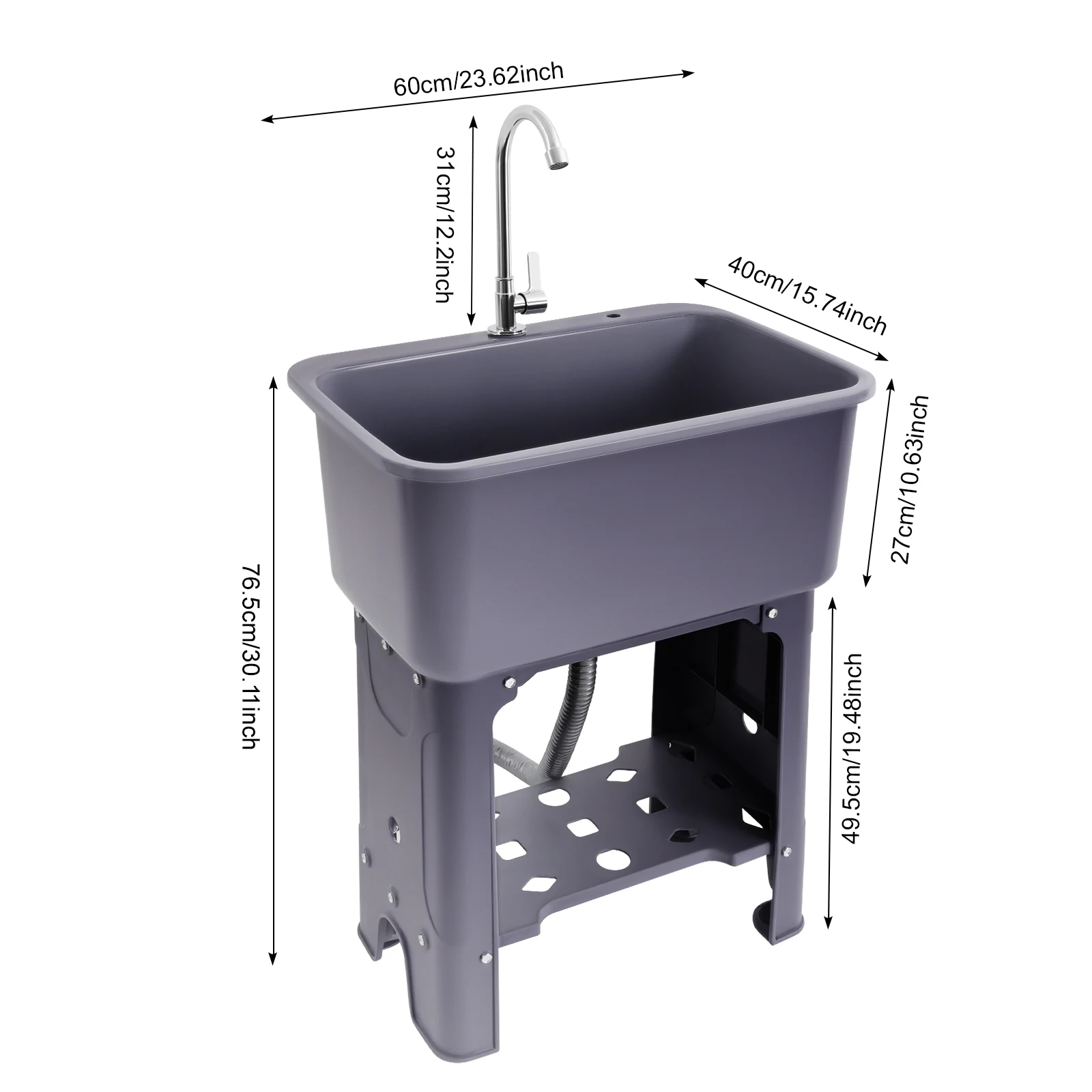 Freestanding Utility Sink Gray PP Injection Mold Large Deep Basin 110.23lbs Load PP Laundry Wash Tub Built-in Serrated Washboard Multifunctional Washing Station For Laundry Garage Garden