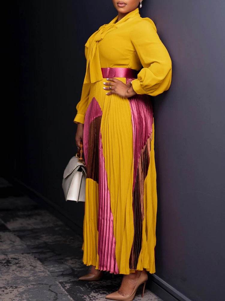 Elegant Women\'s Pleated Maxi Dress Autumn New Style Lace Up Pleated Long Sleeved Color Matching Fashion Birthday Wedding Guest