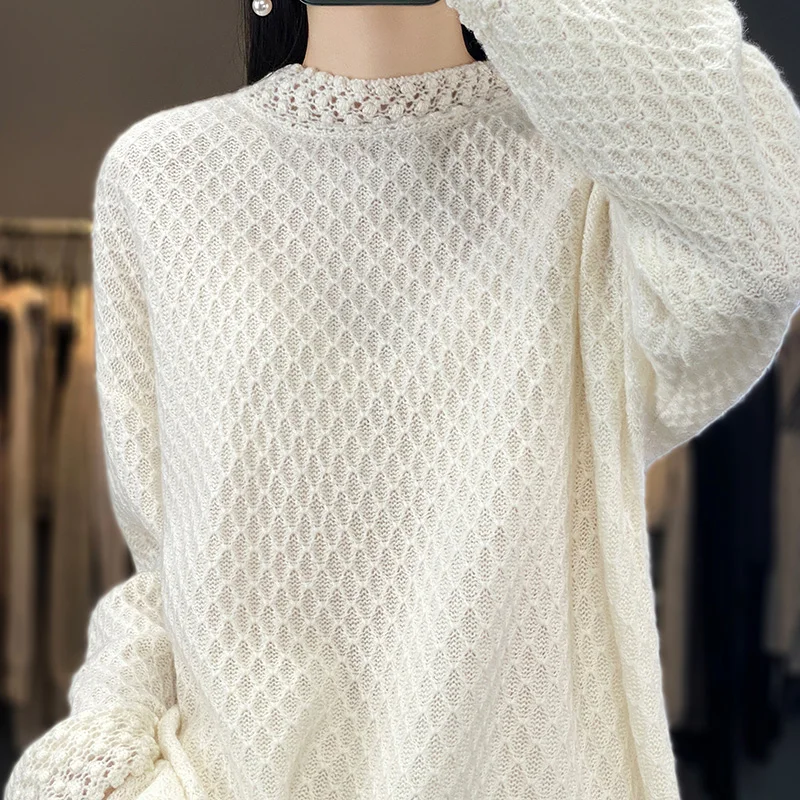 Knitted Cashmere Sweater for Female, Round Neck, Loose Sweater, Heavy Industry Embroidery, New Fashion, Autumn and Winter