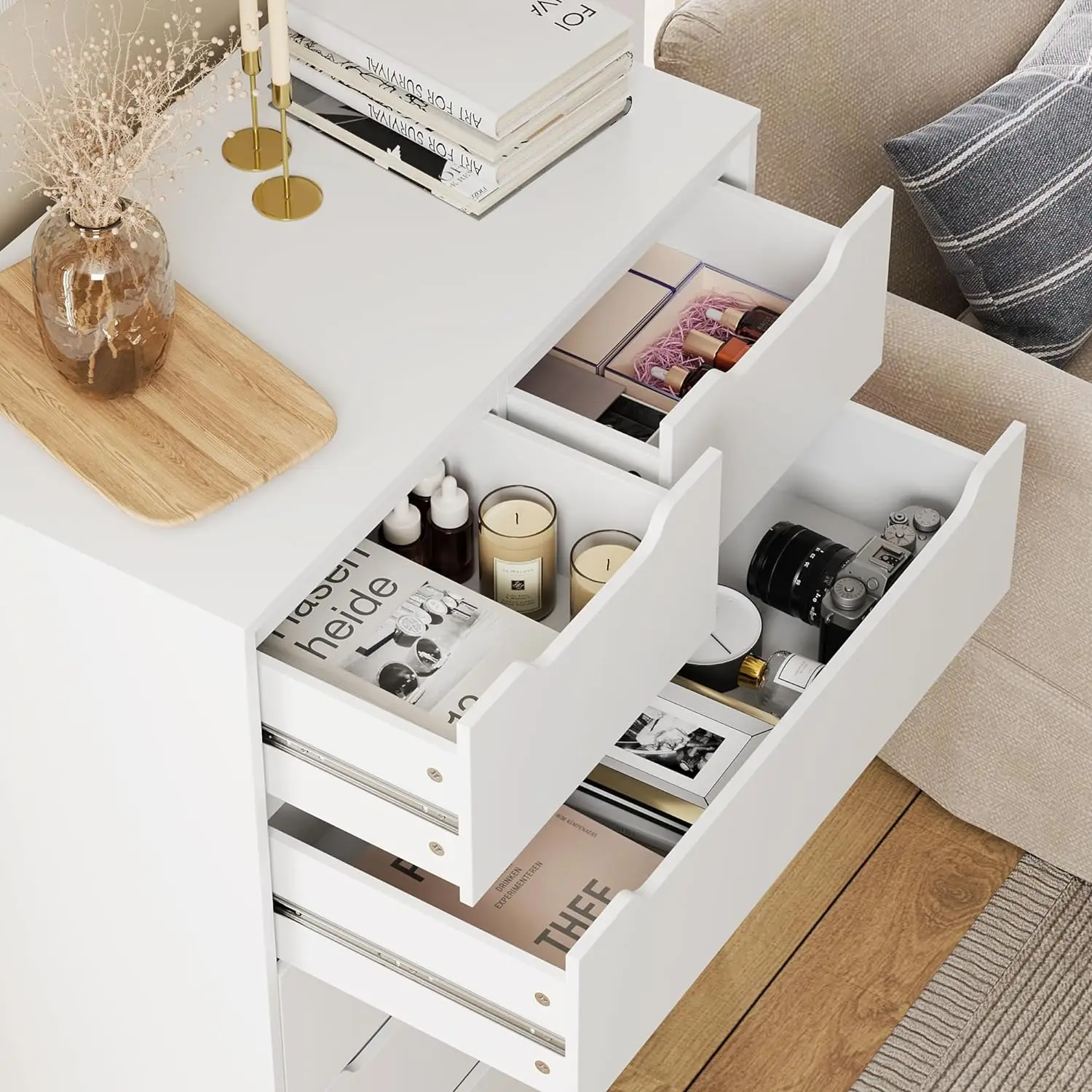 5 Drawer Dresser for Bedroom, Chest of Drawers with Storage, Wood Storage Chest Organizers with Cut-Out Handl