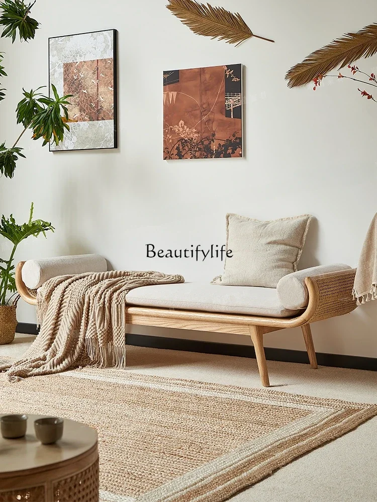 

02Solid wood rattan soft bag armrest sofa double leisure area living room small apartment bedside stool