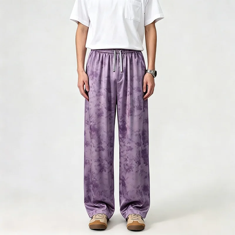 2026 Summer New Tie Dye Pants For Men American Casual Fashion Loose High Street Male 5XL Straight Leg Ice Silk Trousers