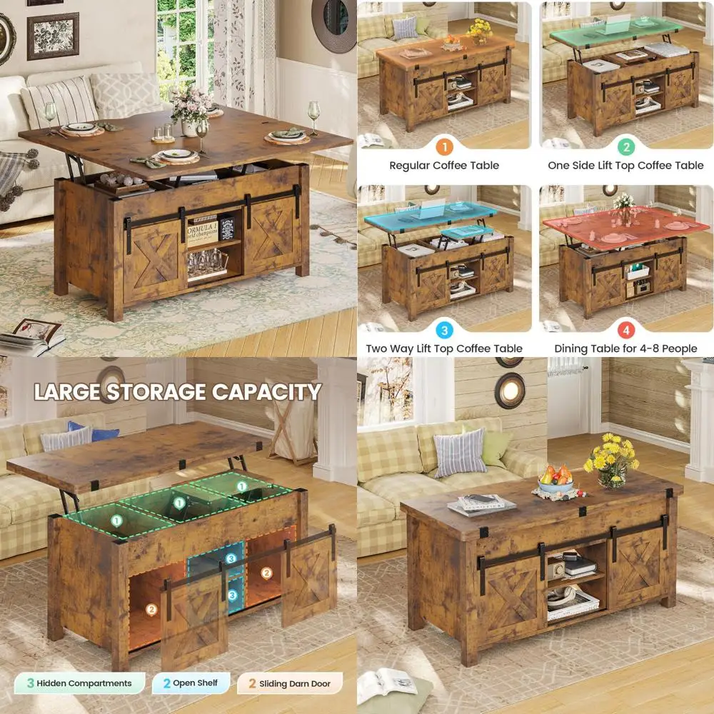 

Трансформируемый журнальный столик с местом для хранения и скрытым отделением, функциональная мебель для гостиной 4-в-1, стиль фермерского дома