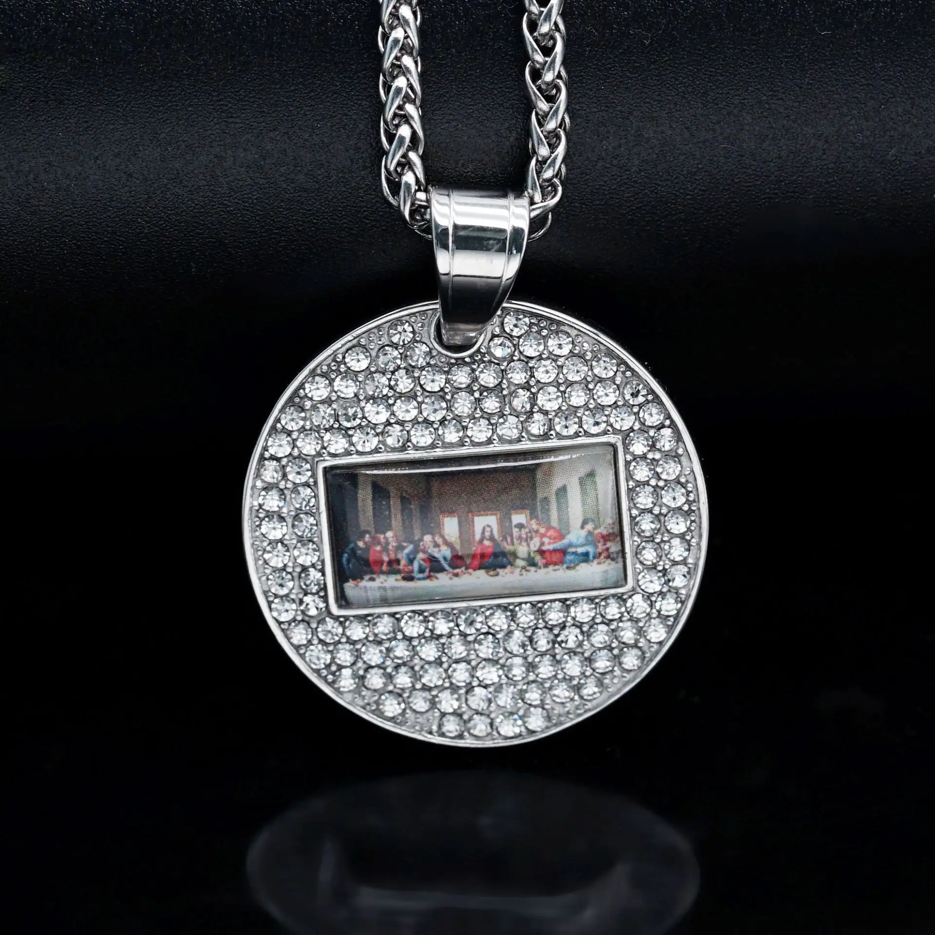 Christian Gold silver Color round The Last Supper Pendant Necklace 316L stainless steel with rhinestone Ladies Jewelry